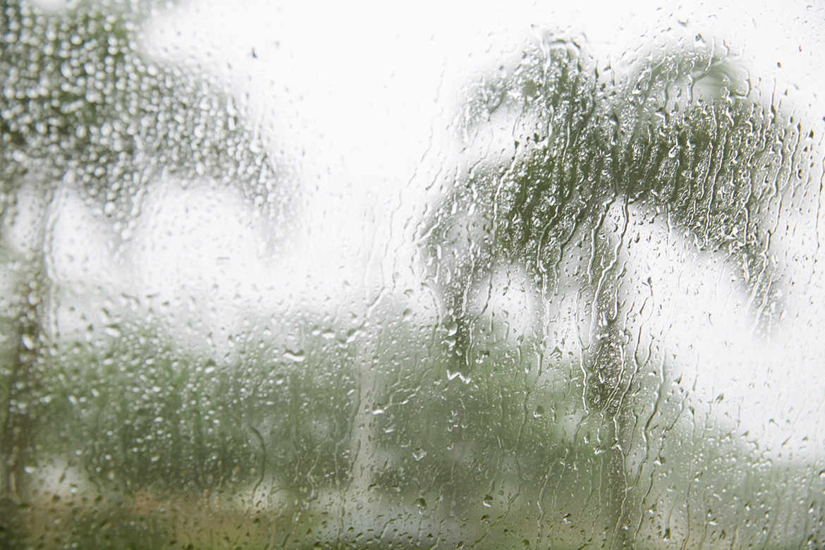 A tropical storm pours rain on a hurricane impact resistant window