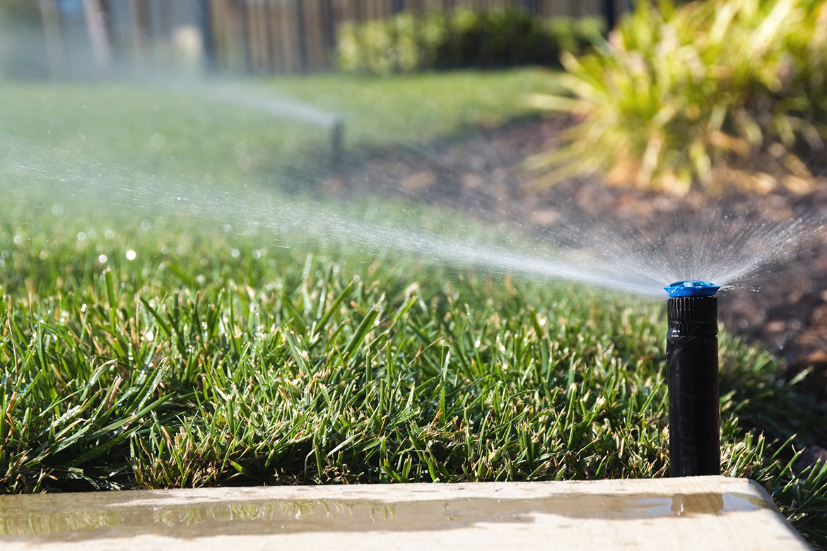 A Florida sprinkler system waters the lawn in an energy-efficient home.